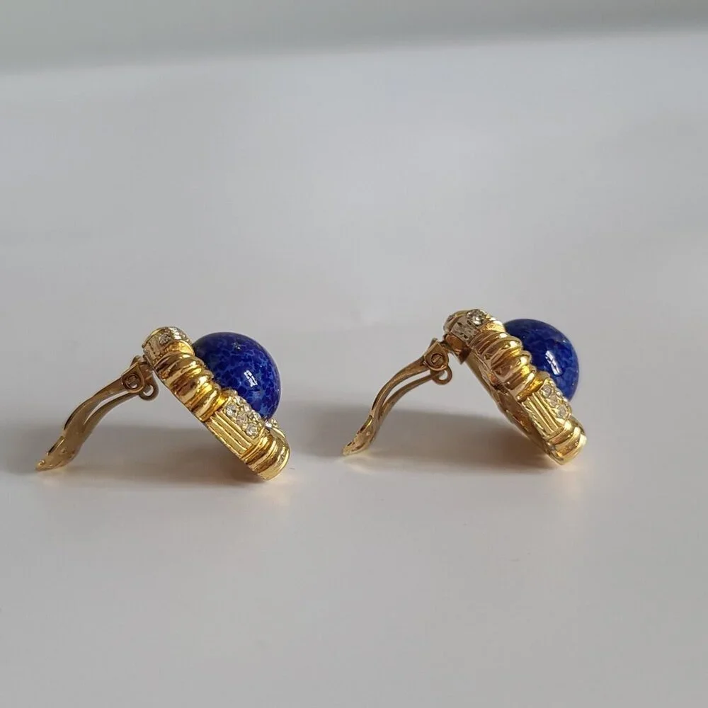 Ciner Glass Blue Lapis Lazuli Cabochon Gold Tone Clip Earrings Retro Large Huge - Picture 4 of 8